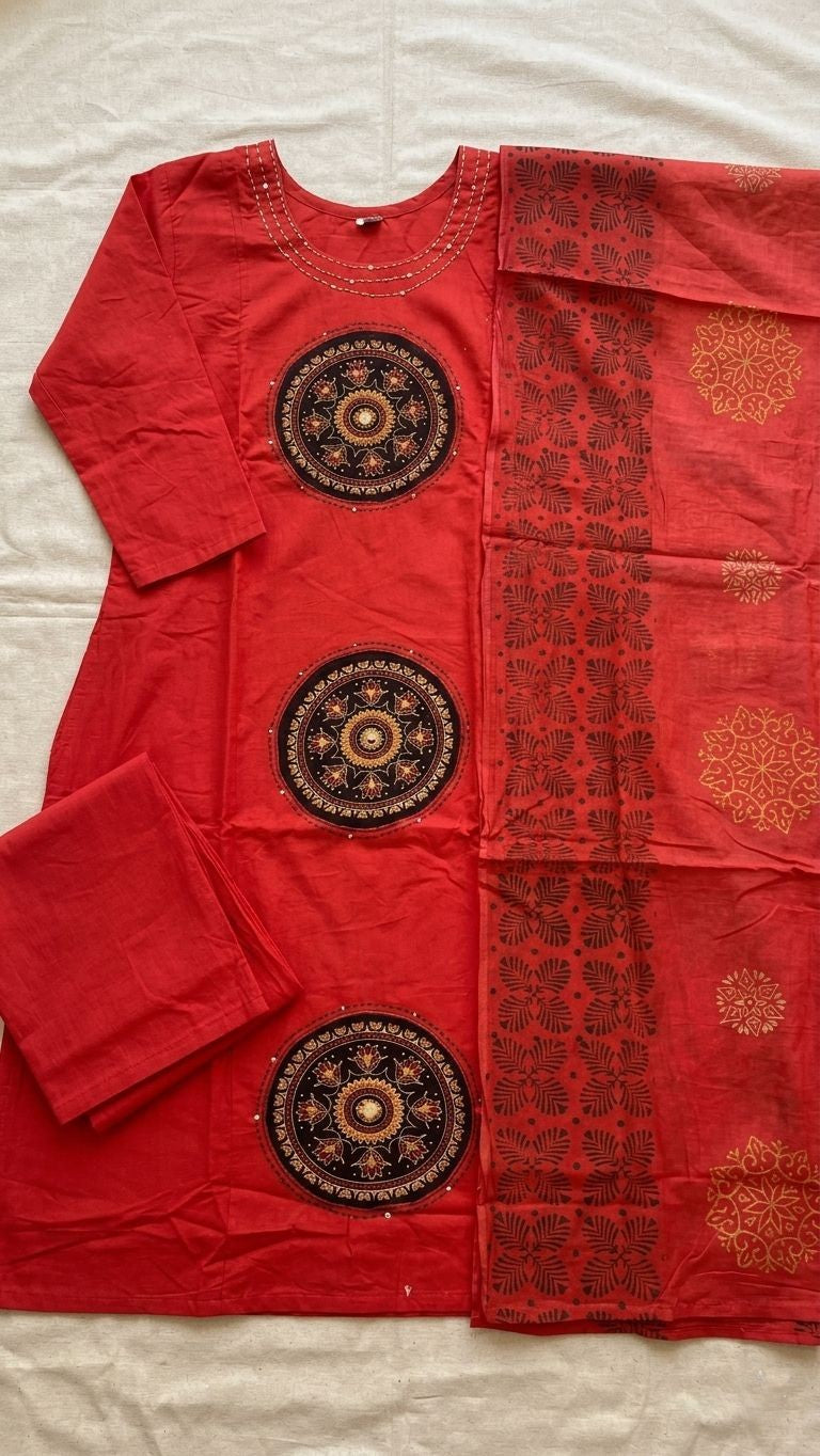 Red Dabu Print Cotton A-Line Kurta Set with Printed Dupatta – 3 Piece Set