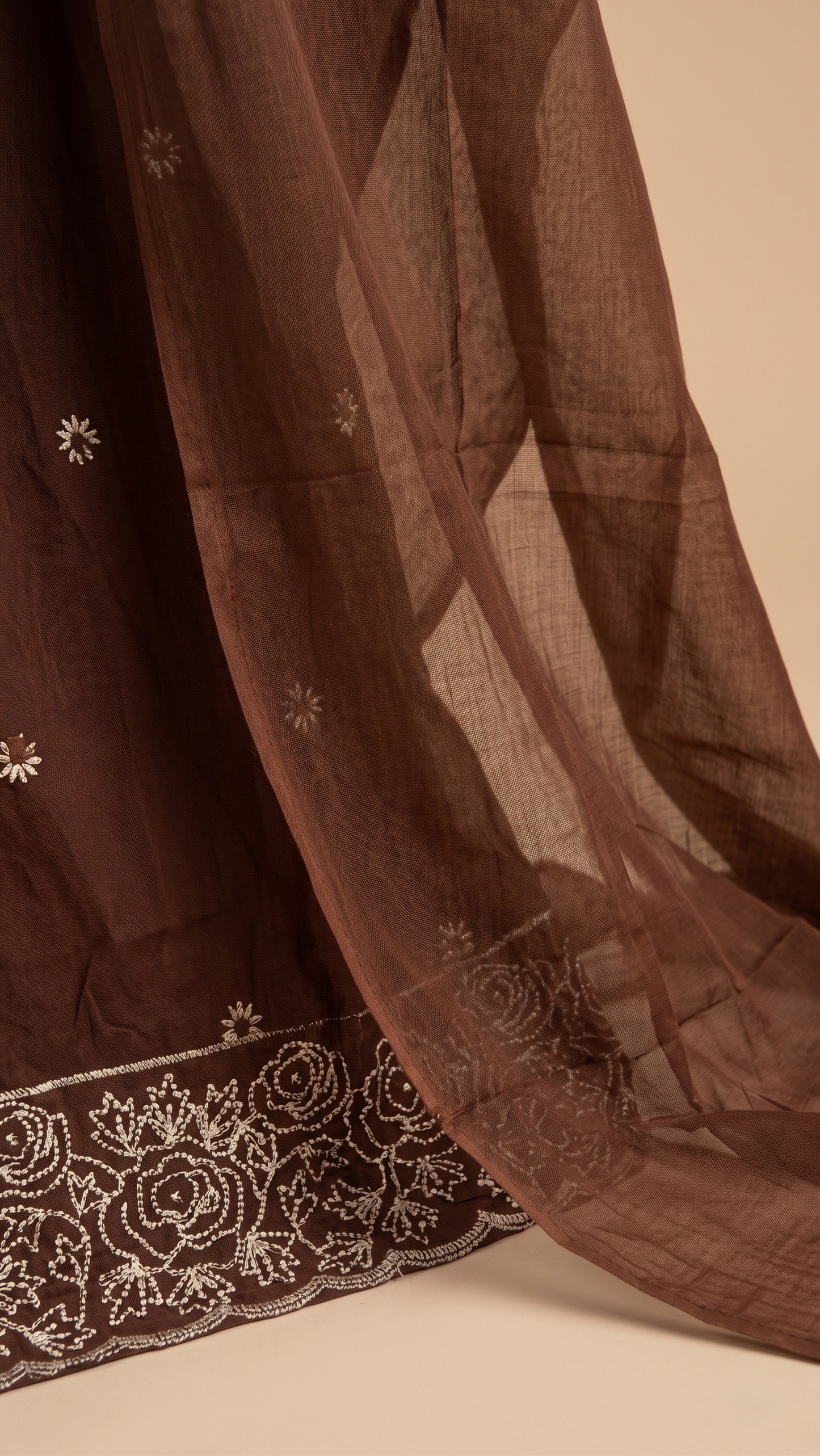 Chocolate Brown Mul Cotton A-Line Kurta Set with Thread Work & Dupatta – 3 Piece Set
