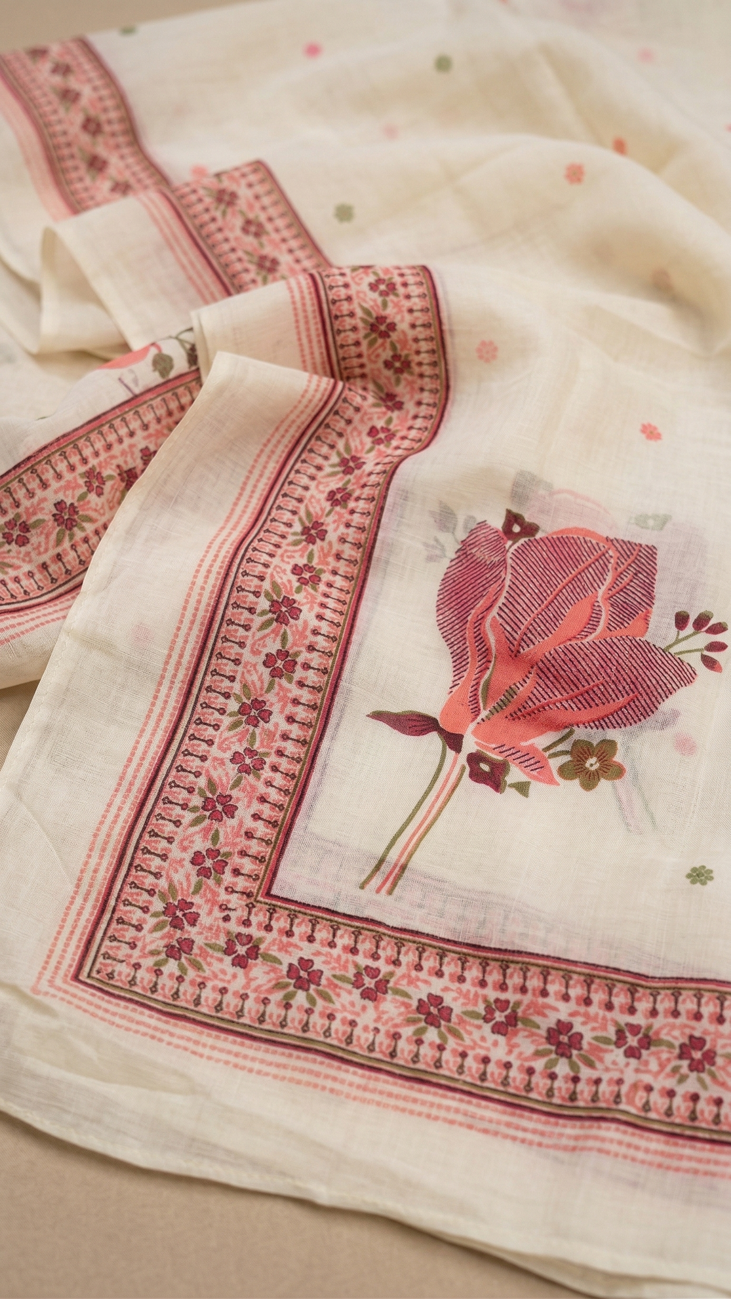 Ivory Mul Cotton Kurta Set with Floral Thread Work & Printed Cotton Dupatta – 3 Piece Ethnic Wear