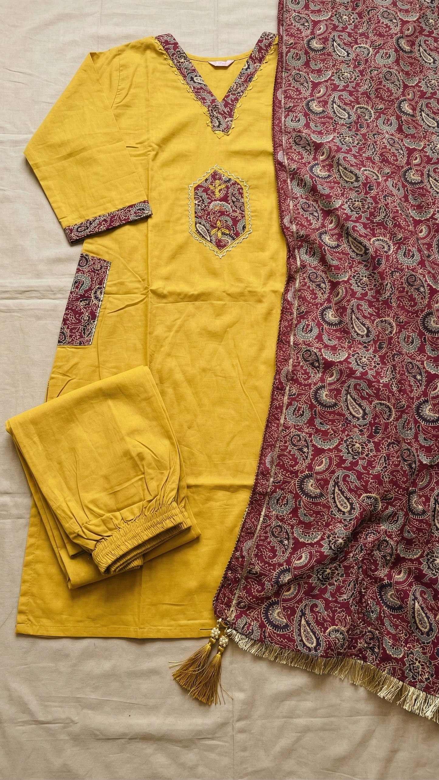 Mustard Cotton A-Line Kurta Set with Pocket & Ajrak Print Dupatta – 3 Piece Ethnic Wear