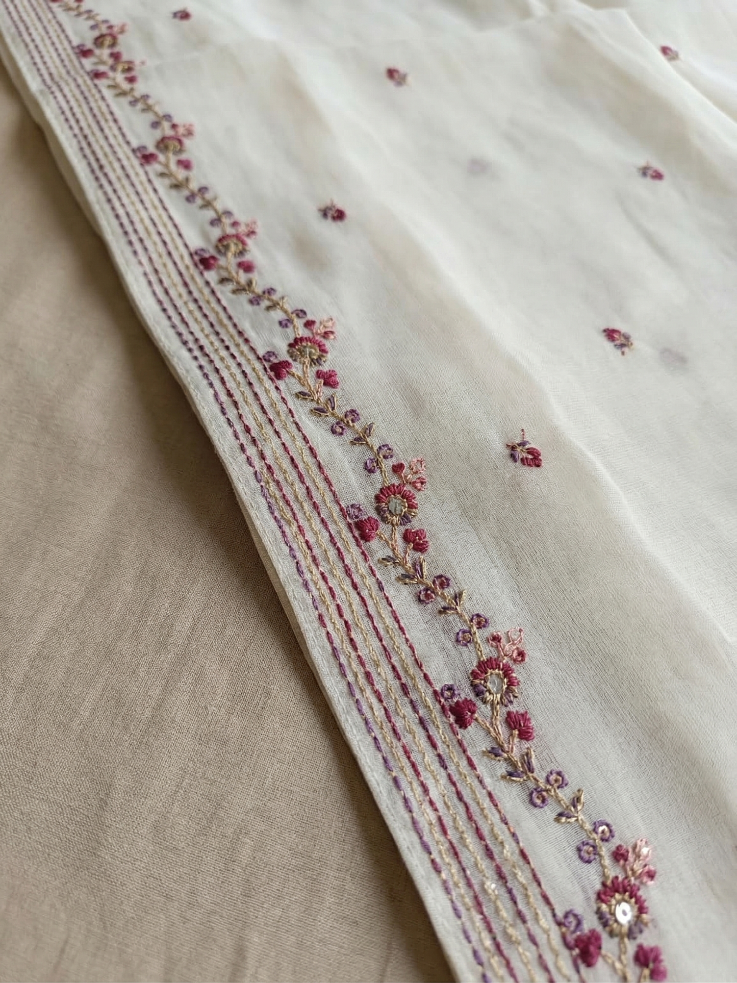 Ivory Mul Chanderi A-Line Kurta Set with Intricate Thread Work & Embroidered Dupatta – 3 Piece Ethnic Wear