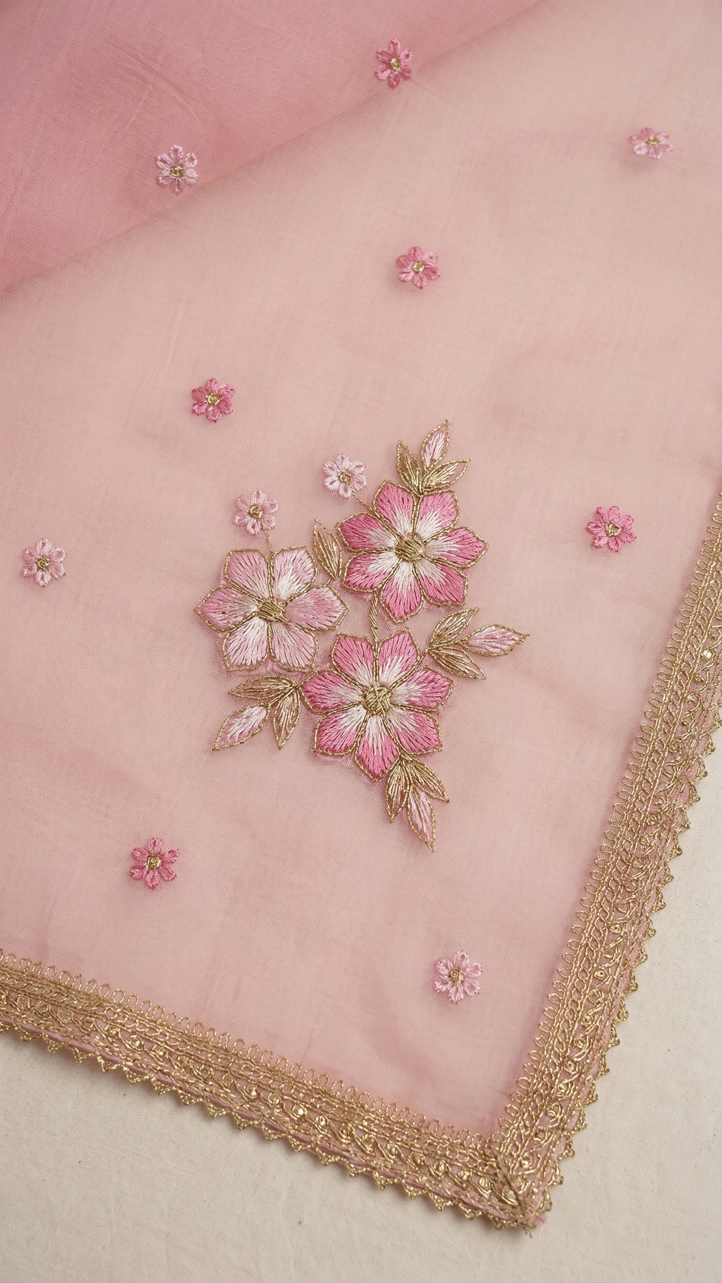 Blush Pink Mul Chanderi A-Line Kurta Set with Floral Thread Work & Embroidered Dupatta – 3 Piece Ethnic Wear