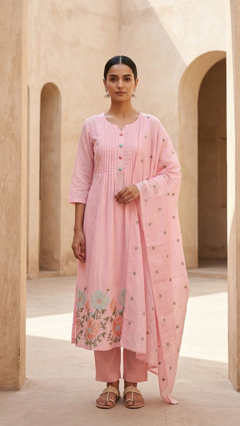 Blush Pink Mul Chanderi A-Line Kurta Set with Embroidery – 3 Piece Set