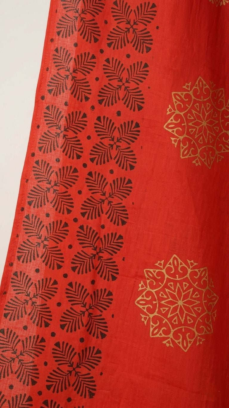 Red Dabu Print Cotton A-Line Kurta Set with Printed Dupatta – 3 Piece Set