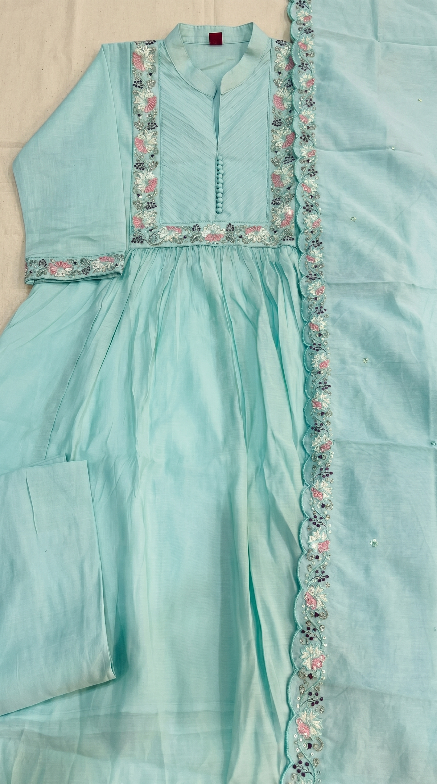 Mint Green Mul Chanderi A-Line Kurta Set with Cutwork Dupatta – 3 Piece Set