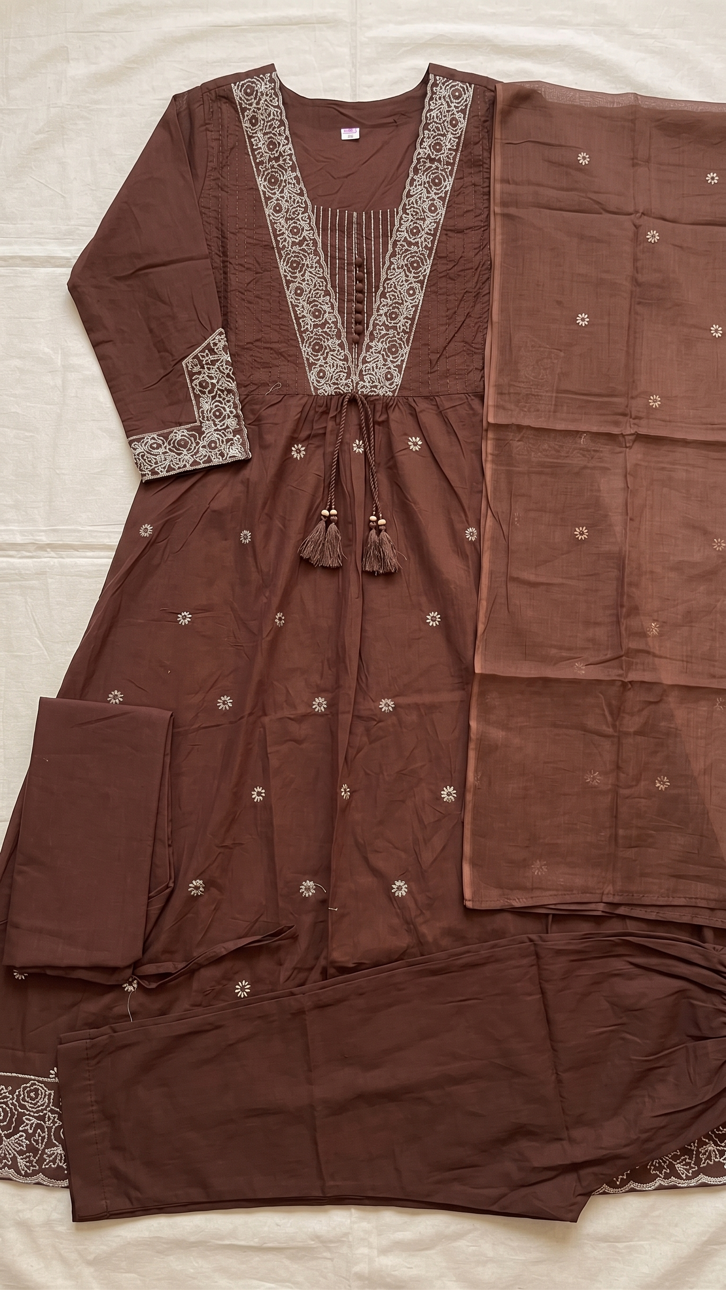 Chocolate Brown Mul Cotton A-Line Kurta Set with Thread Work & Dupatta – 3 Piece Set