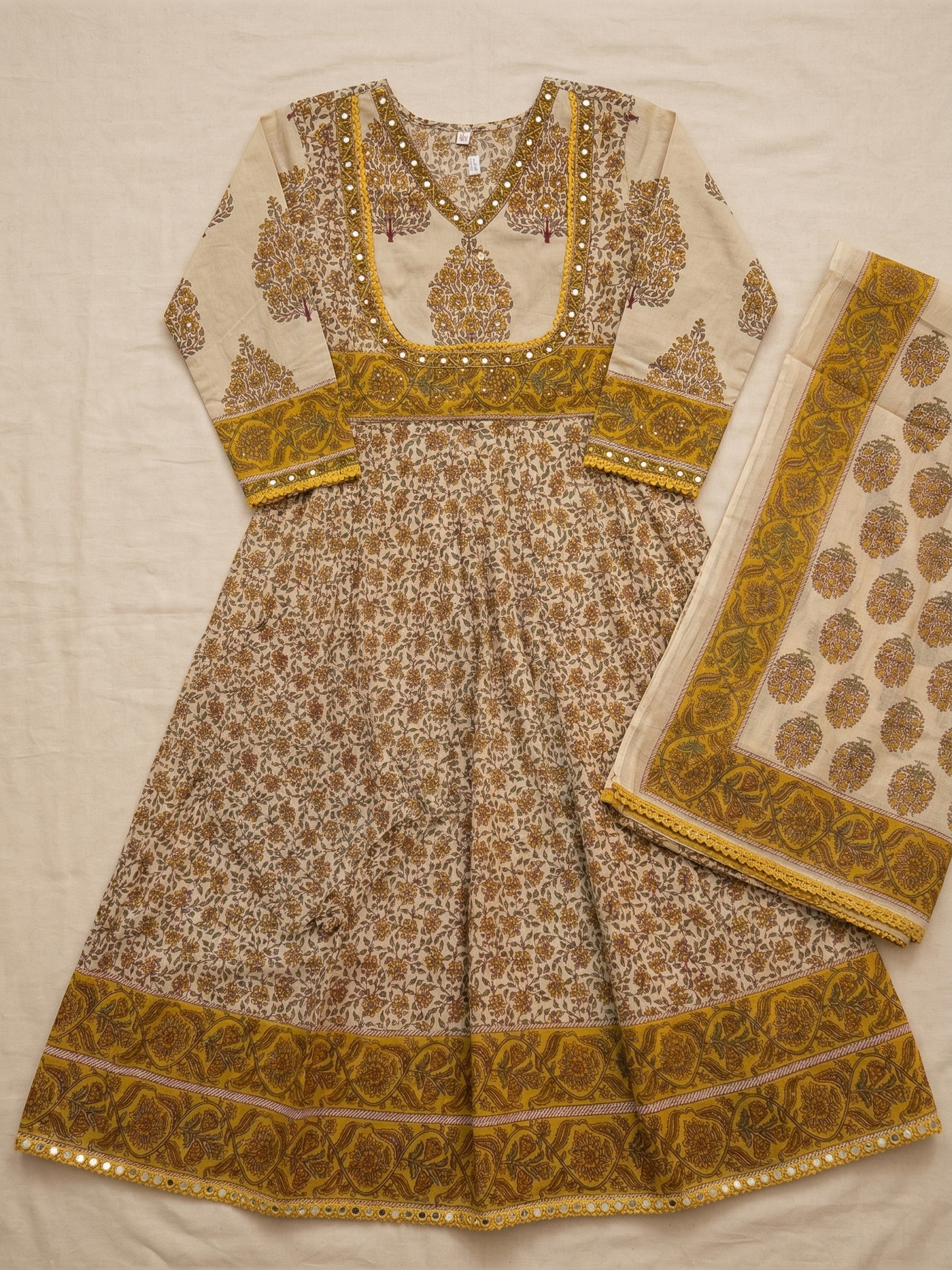 Beige & Mustard Jaipuri Cotton Anarkali Kurta Set with Printed Dupatta – Frock Style 3 Piece Set