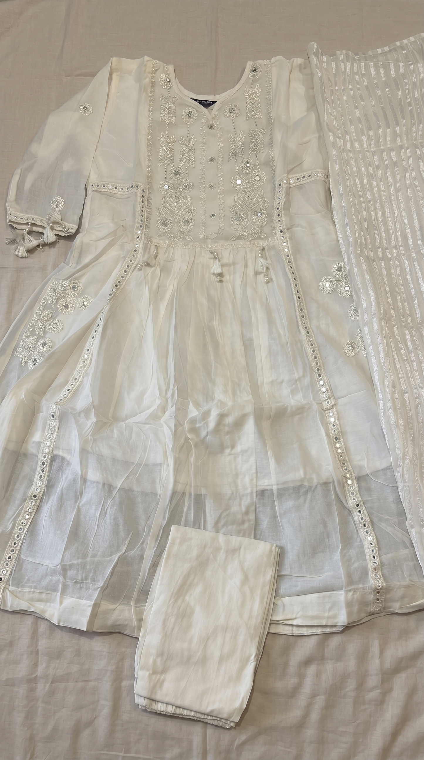 Off White Mul Cotton Anarkali Kurta Set with Mirror & Thread Work – 3 Piece Set