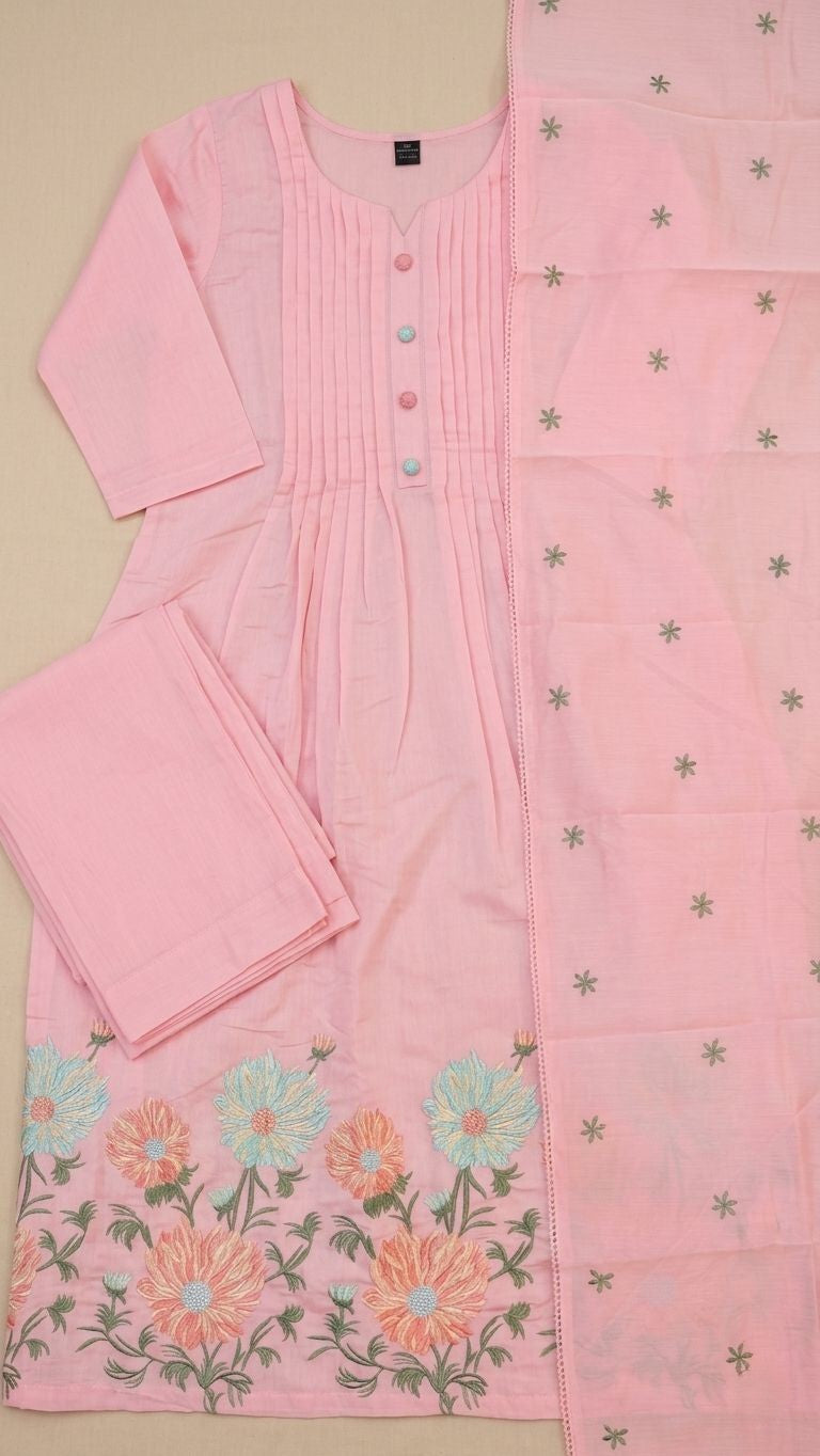 Blush Pink Mul Chanderi A-Line Kurta Set with Embroidery – 3 Piece Set