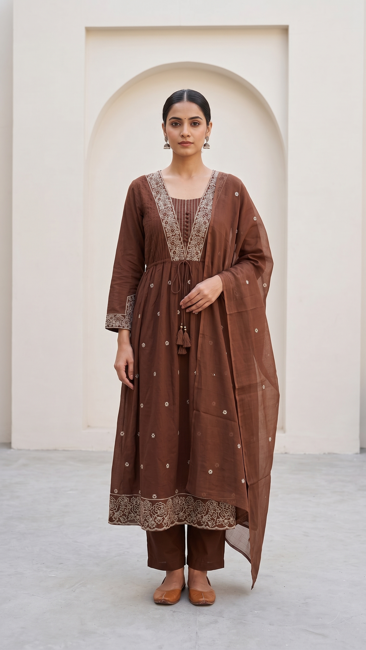 Chocolate Brown Mul Cotton A-Line Kurta Set with Thread Work & Dupatta – 3 Piece Set