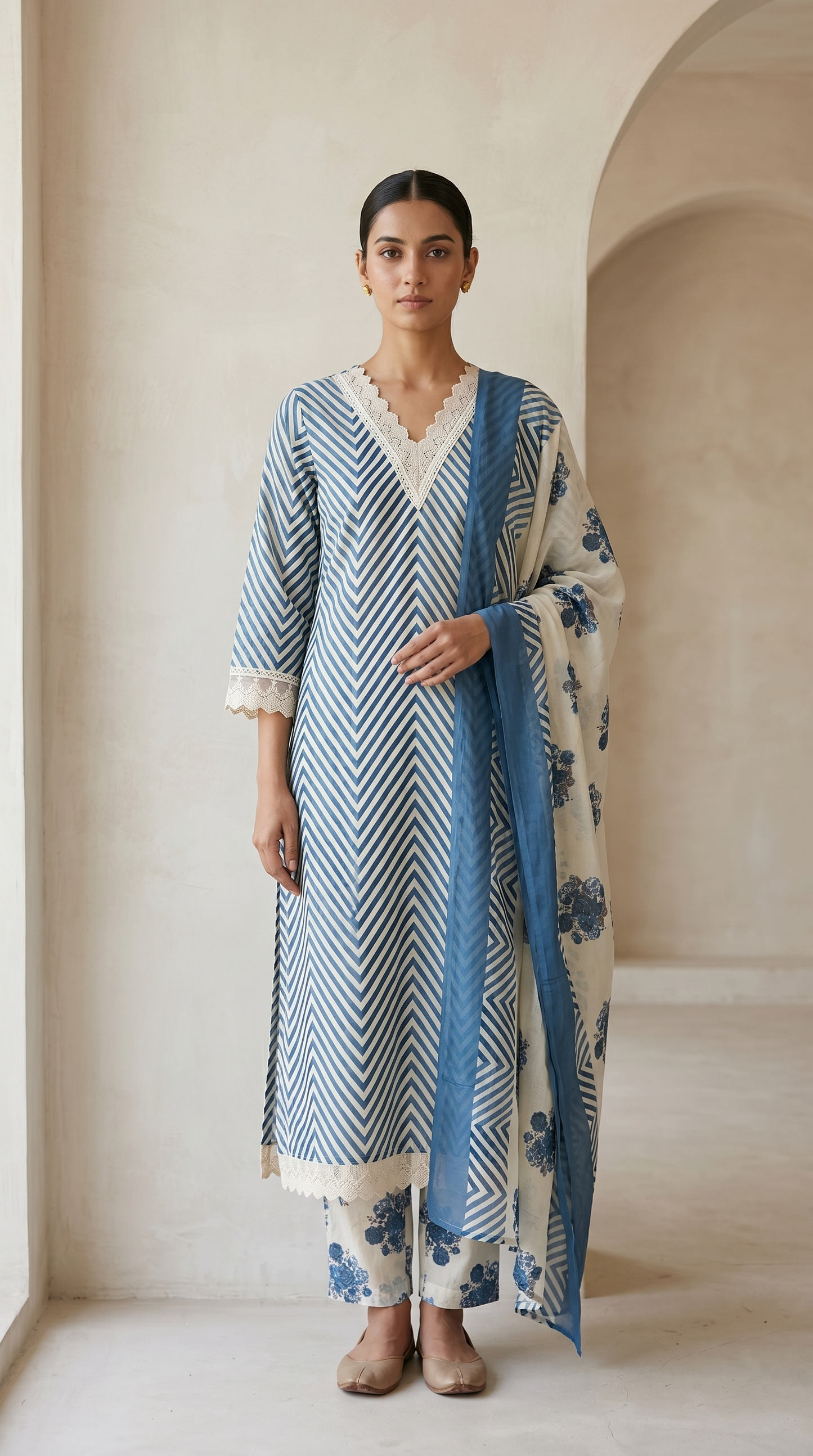 Blue Lehriya Print Cotton Kurta Set with Floral Dupatta – 3 Piece Set