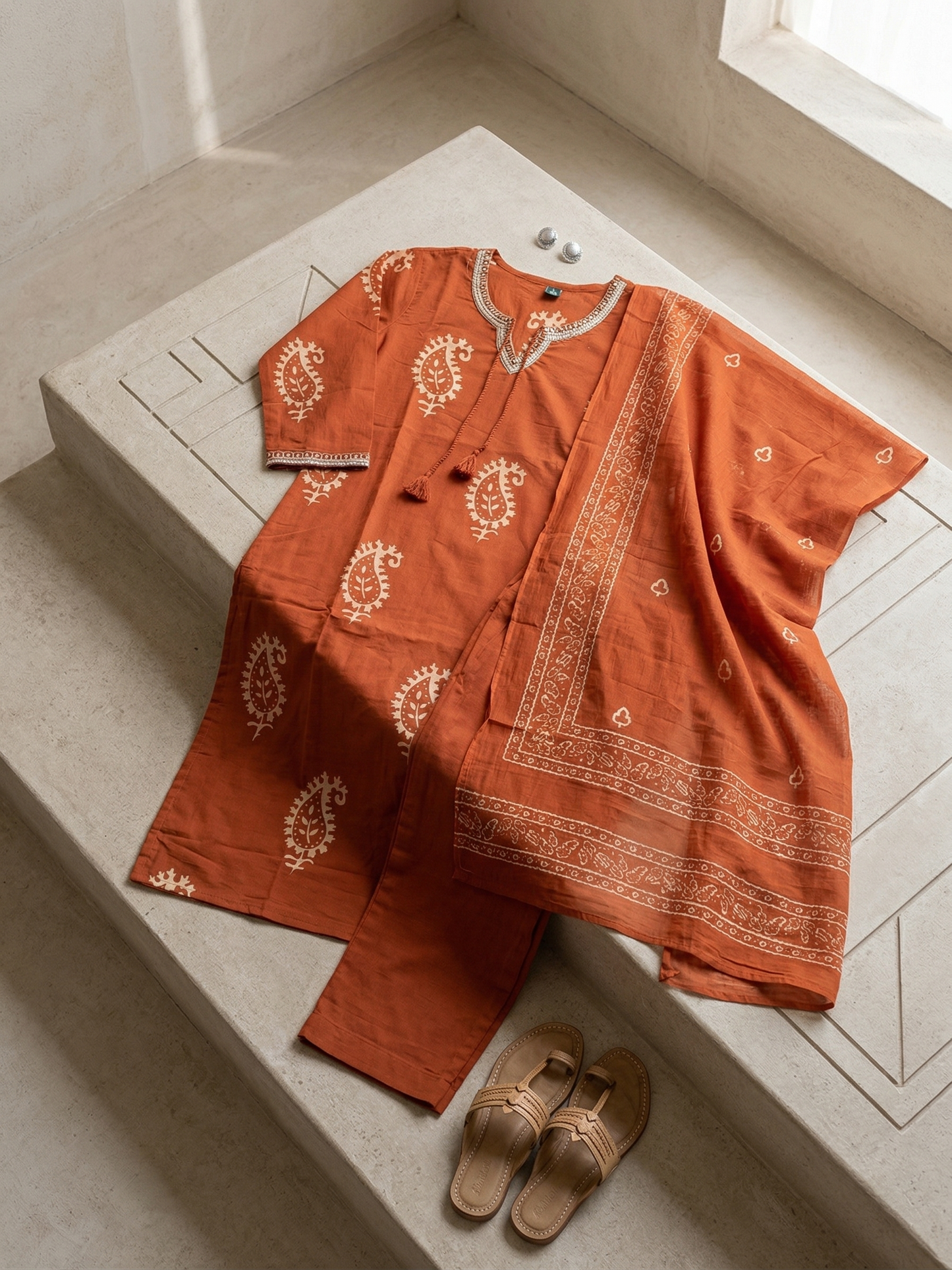 Rust Jaipuri Cotton Kurta Set with V-Neck Mirror Work & Printed Dupatta – 3 Piece Ethnic Wear