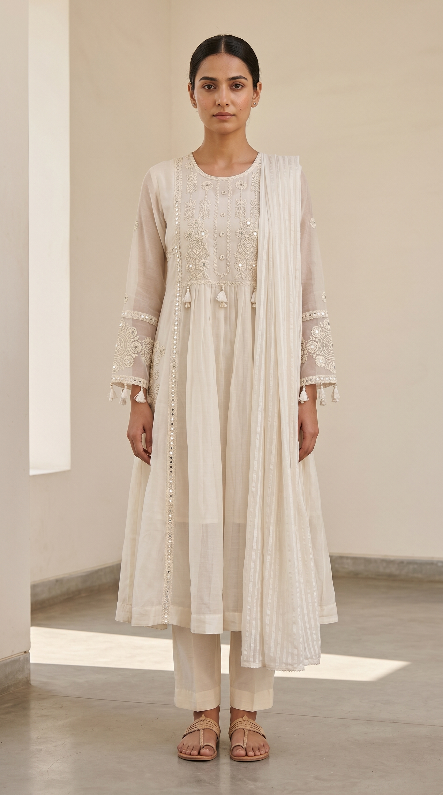Off White Mul Cotton Anarkali Kurta Set with Mirror & Thread Work – 3 Piece Set
