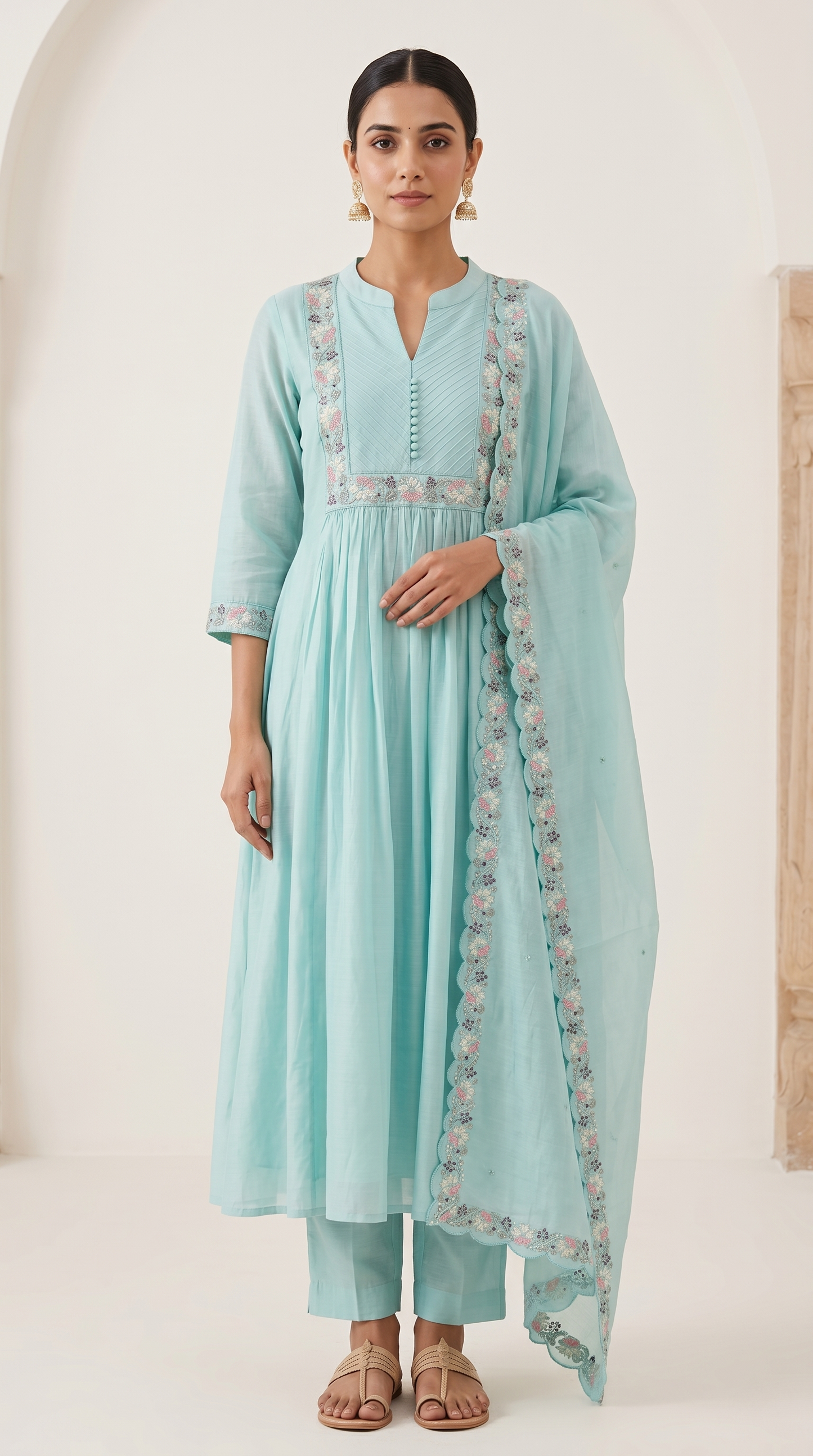 Mint Green Mul Chanderi A-Line Kurta Set with Cutwork Dupatta – 3 Piece Set